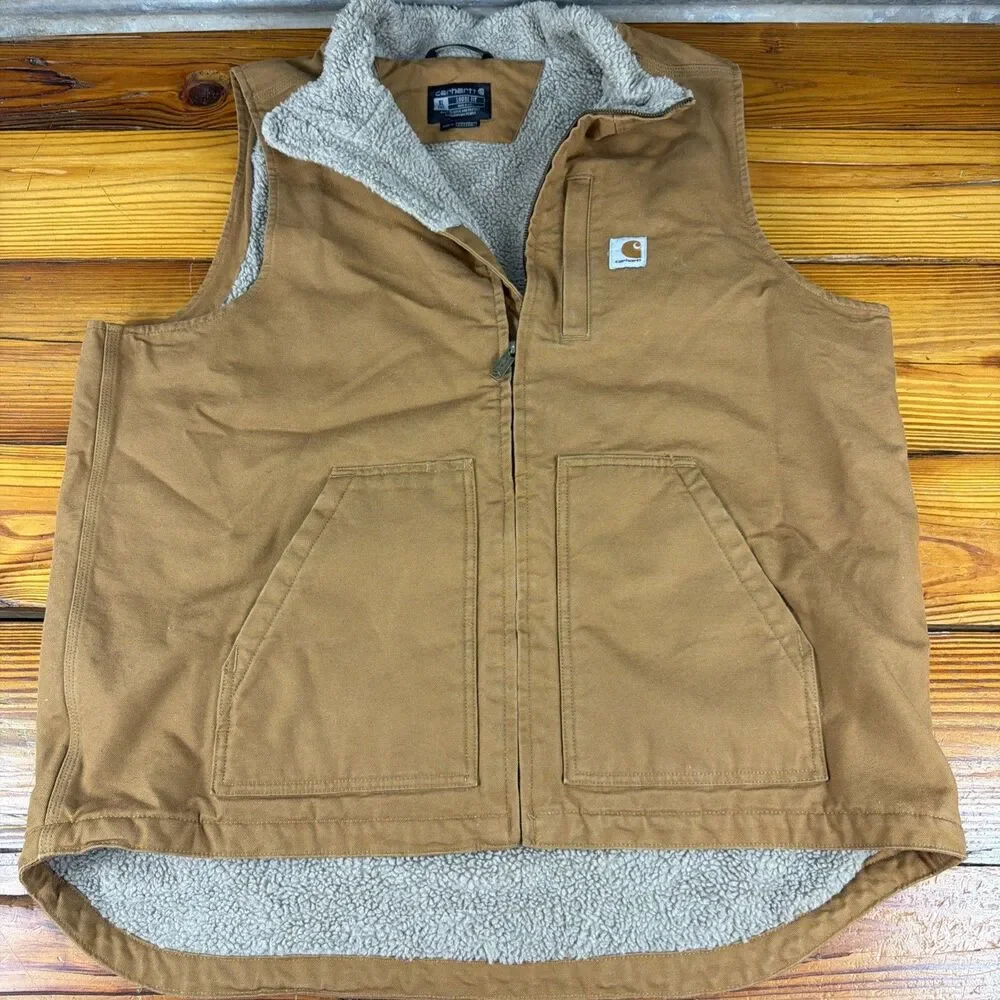 Carhartt Washed Duck Sherpa Lined Vest Mens XLT Brown Canvas Zip Loose Fit NICE!
